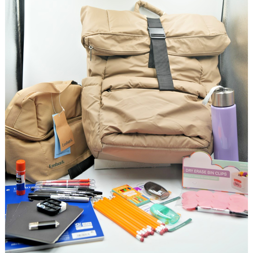 Tan Puffer Backpack Bundle with Embark Lunchbox and 25+ Back to‎ School Items